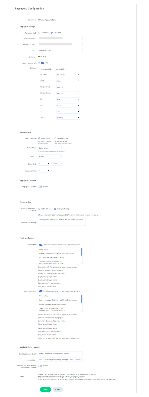 PagSeguro integration with ARForms - 2