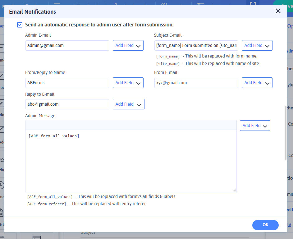 Admin Email Notification Settings