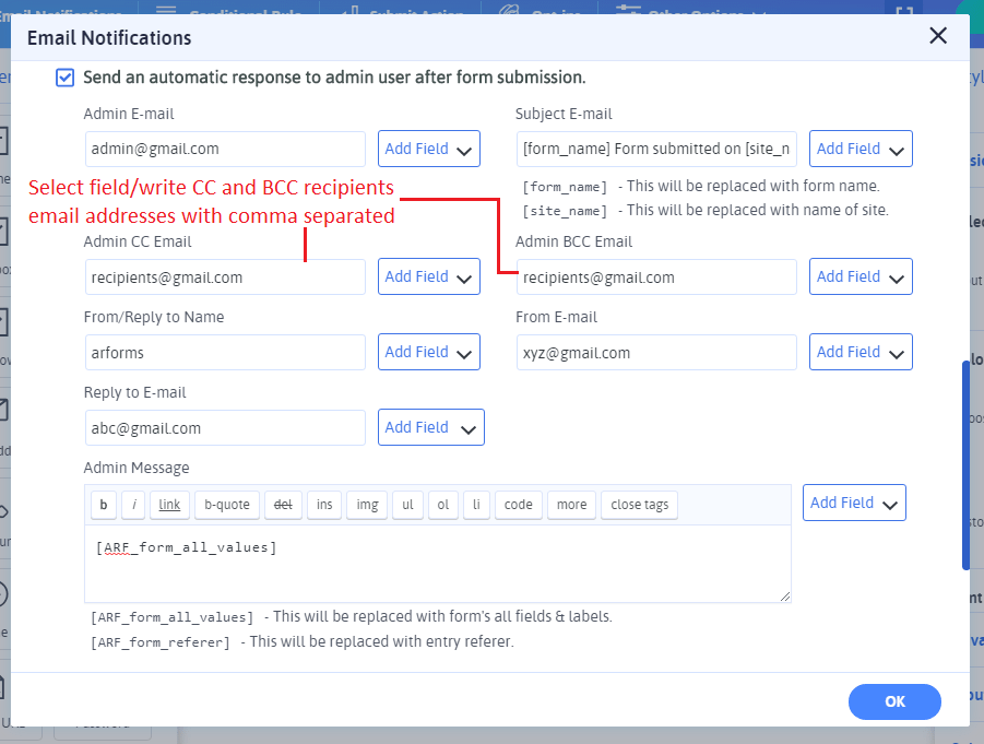 Admin Email Notification Settings