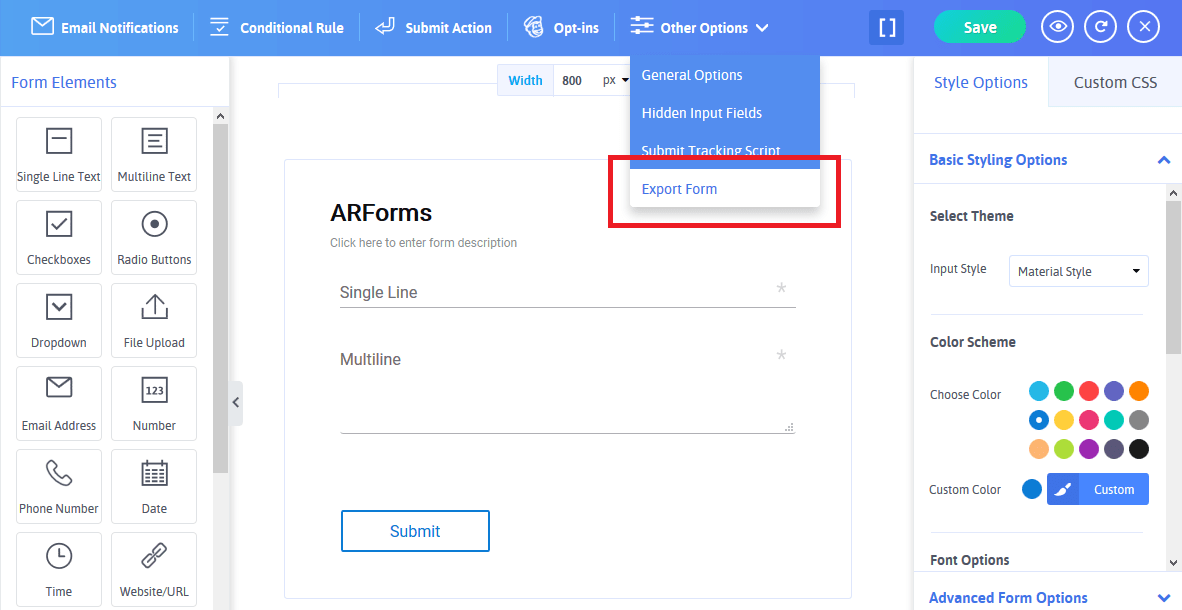 ARForms Editor - Export Form
