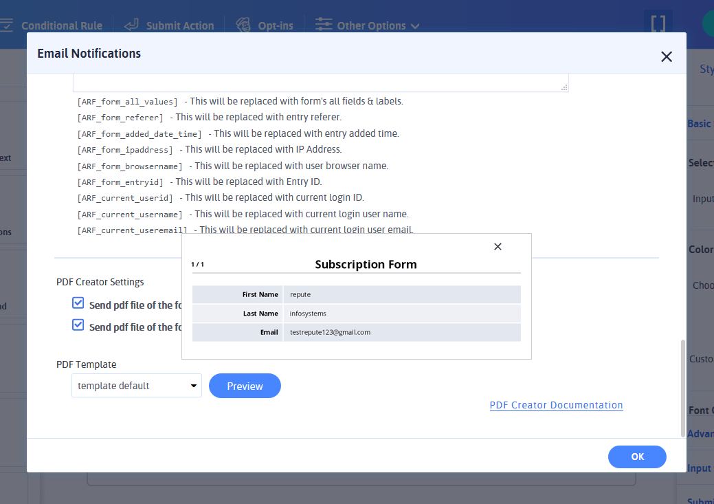 ARFoms PDF Creator Form Settings