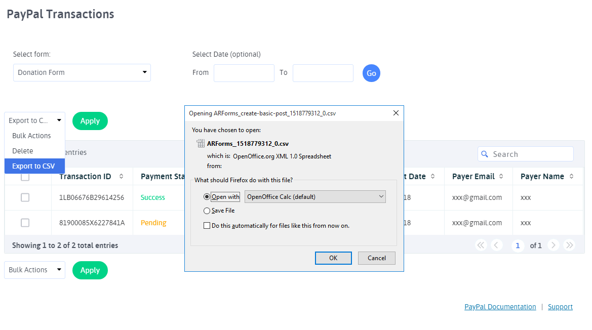 ARFoms PayPal - Export Transactions