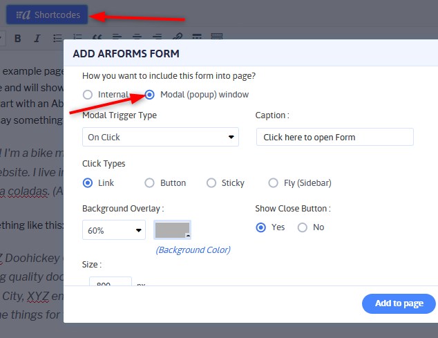 ARForms adding pop-up to page