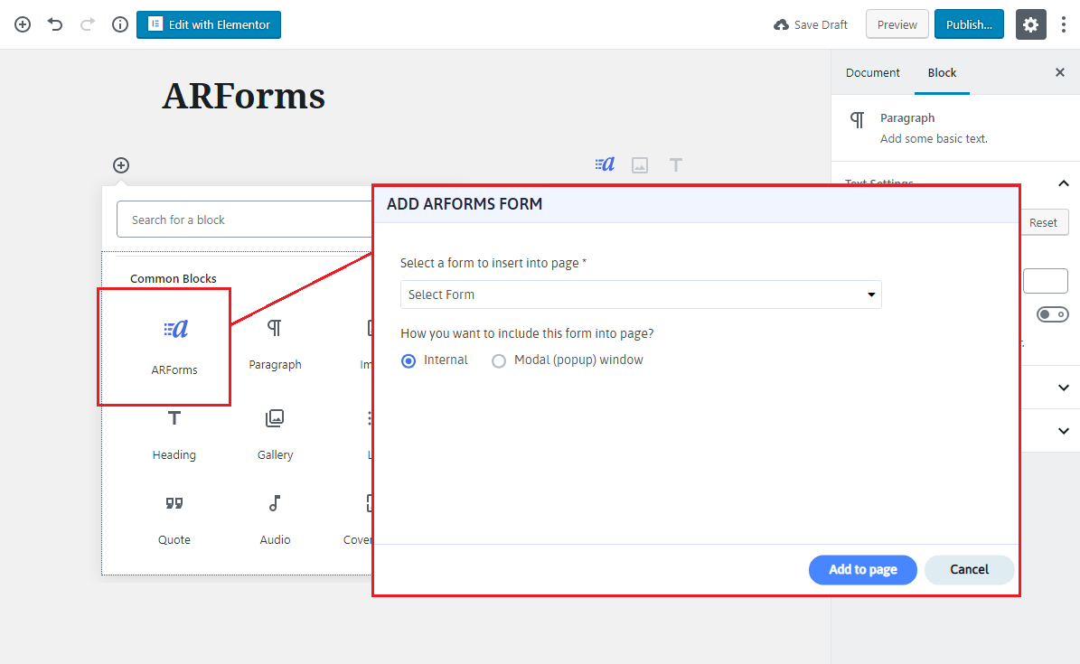 Add ARForms Using Gutenberg