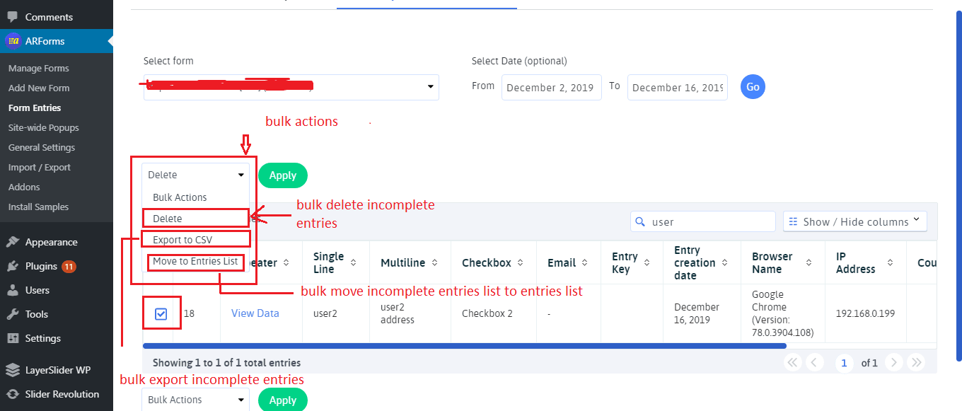 ARForms Incomplete Entries Bulk Actions
