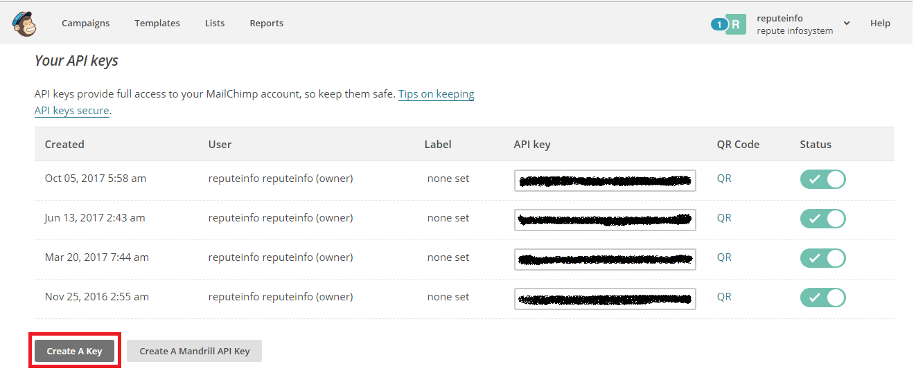 Mailchimp API settings link
