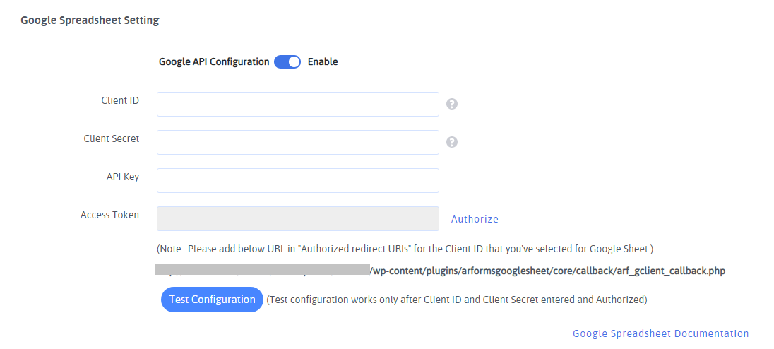 ARFoms Google Spreadsheet - Google Account configuration links