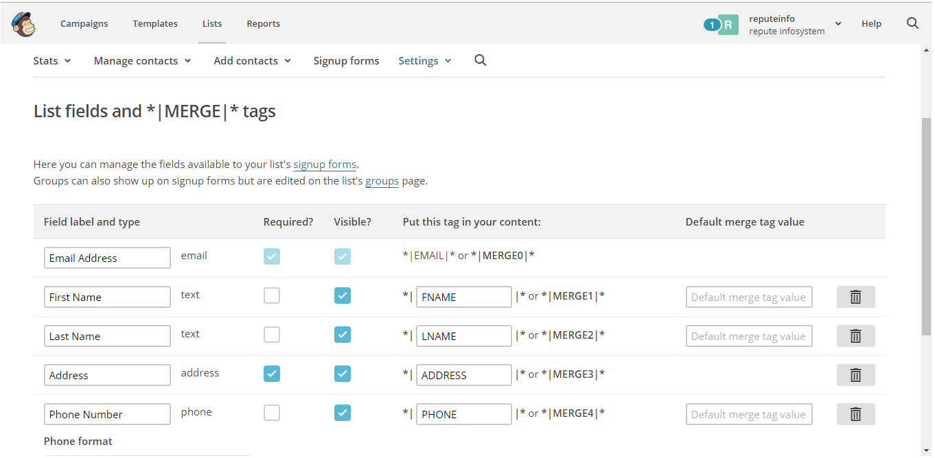 Mailchimp fields settings link
