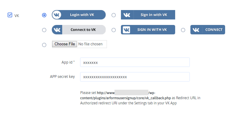 ARForms User Signup - VKontakte Configuration