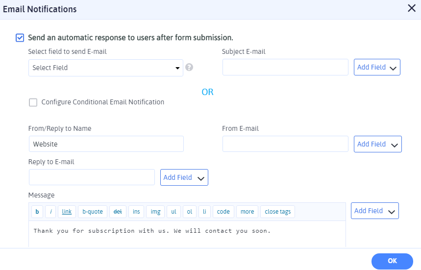 ARForms Email Notification settings