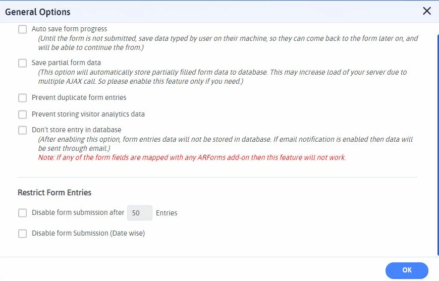ARForms Restrict Form Entries Option