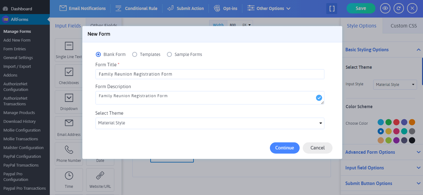 select form template