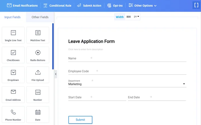 Add Relevant Fields in your leave form design