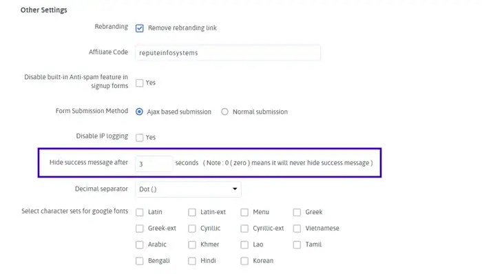 write a perfect form success message - other settings