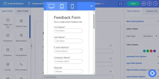 single column feedback form