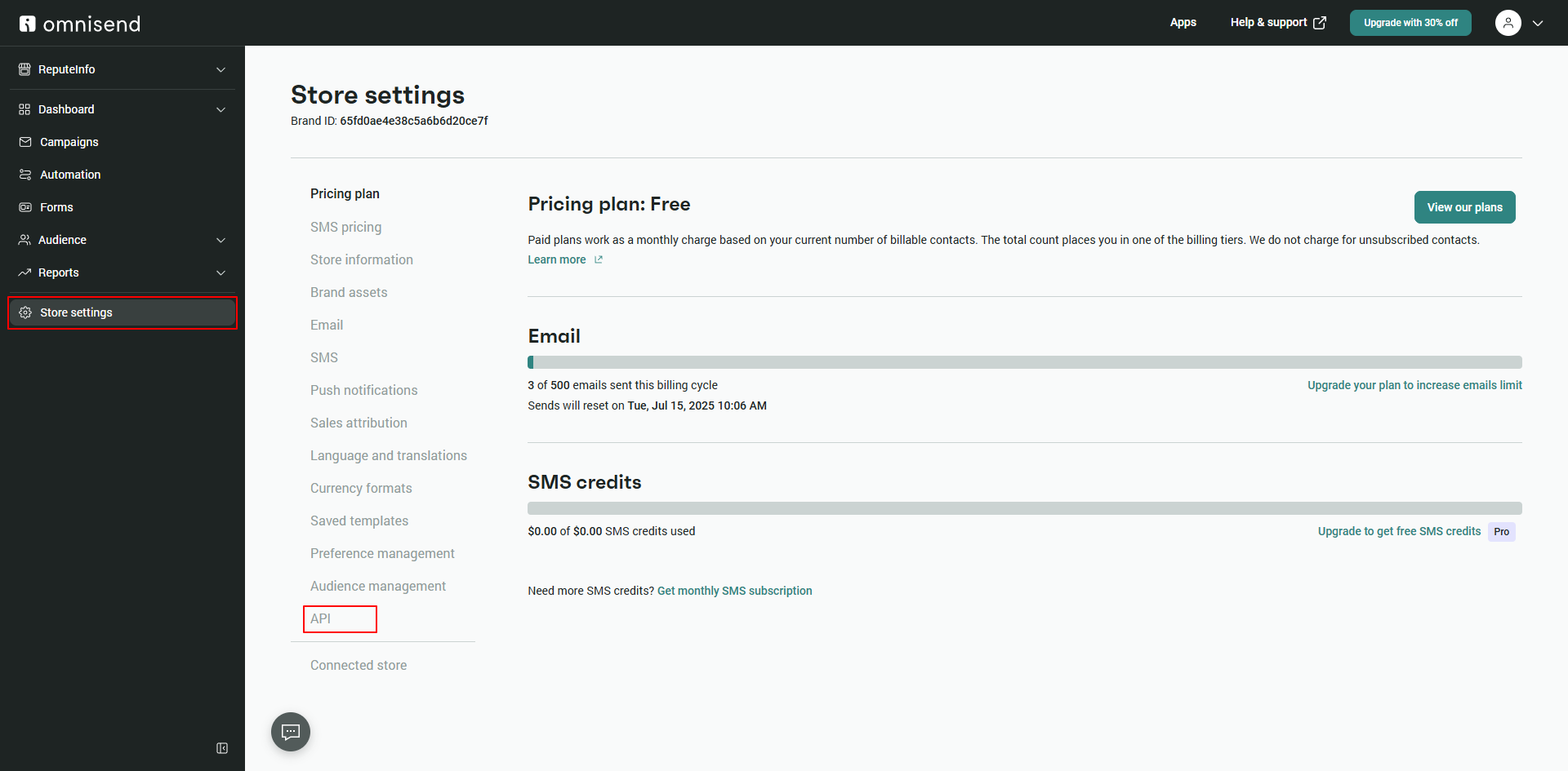 Omnisend API key settings