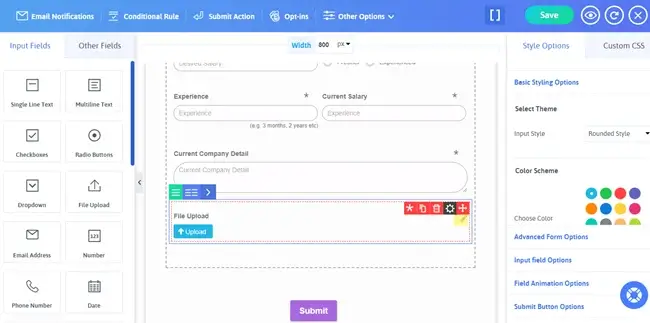 click on file upload field to customize it
