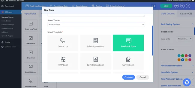 select the template of feedback form