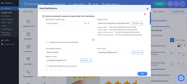 arforms email notifications popup