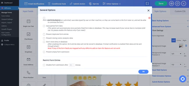 arforms general settings