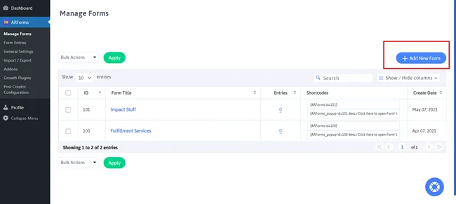 arforms manage forms settings