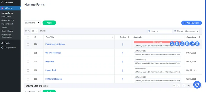 copy shortcode of review form