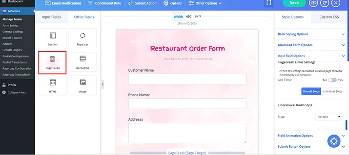 add page break on other fields