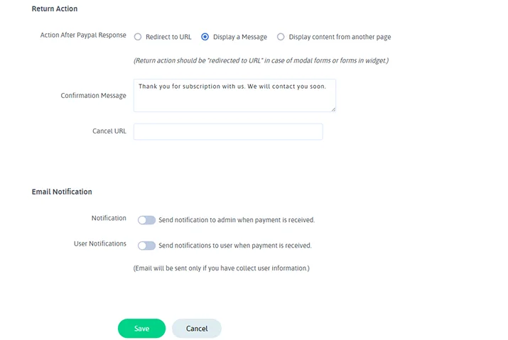 choose display message in return action