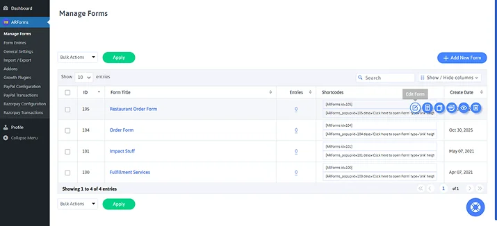 copy shortcode of restaurant online order form