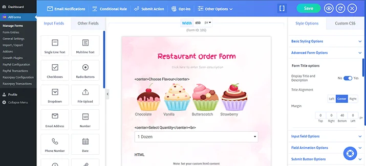 customize restaurant online order form