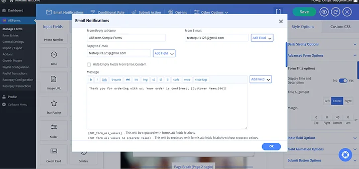 fill email notifications details