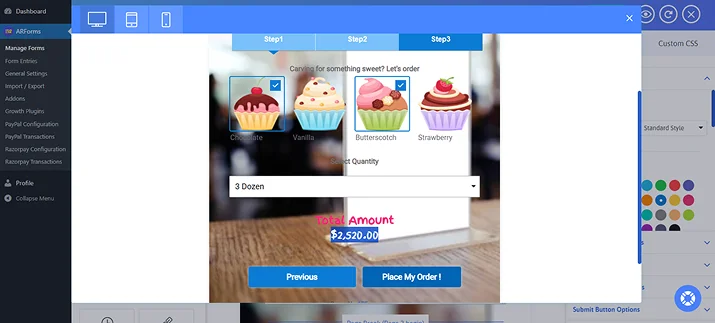 select desert to see total amount in preview
