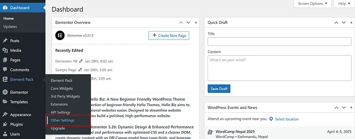 Element Pack dashboard