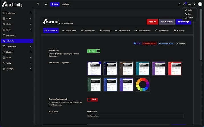 WP Adminify settings panel in dark mode