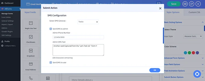 click on send sms to admin