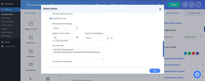 click on send sms to user