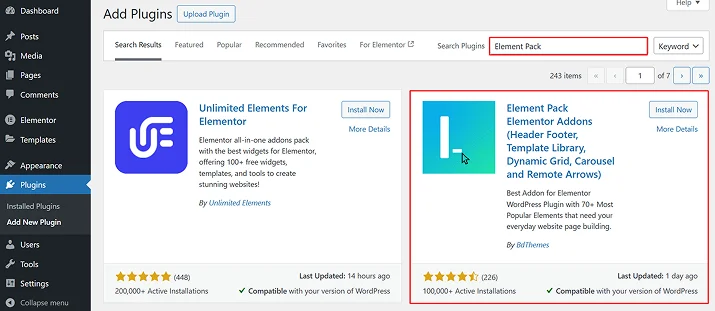 install Element Pack plugin