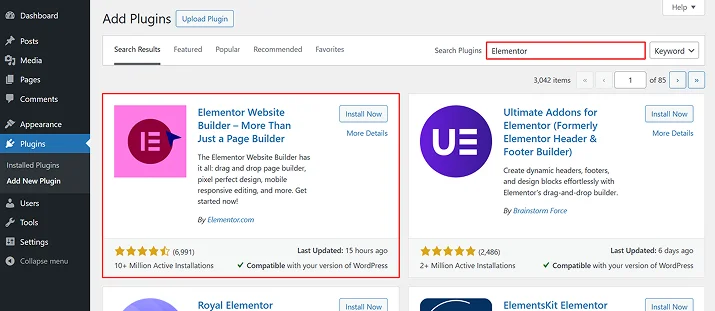 install Elementor plugin