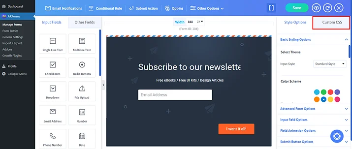 click on custom css