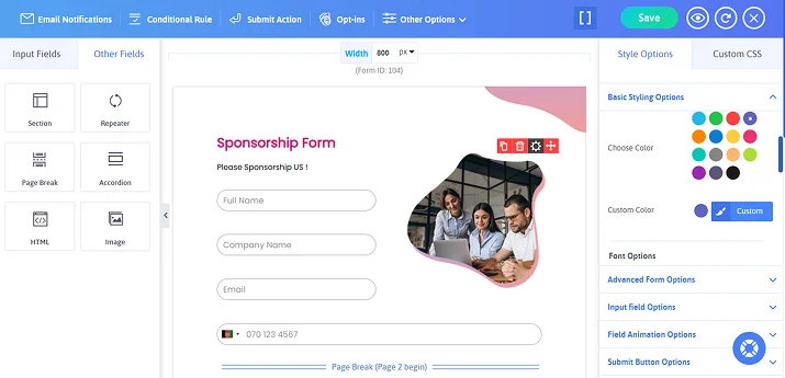 customize sponsorship form