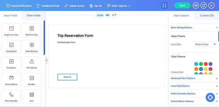 customise trip form