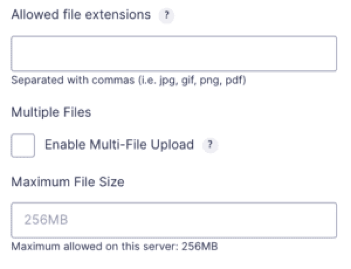 file upload field settings
